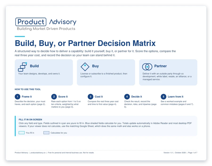 First page of the Build, Buy, or Partner Decision Matrix PDF